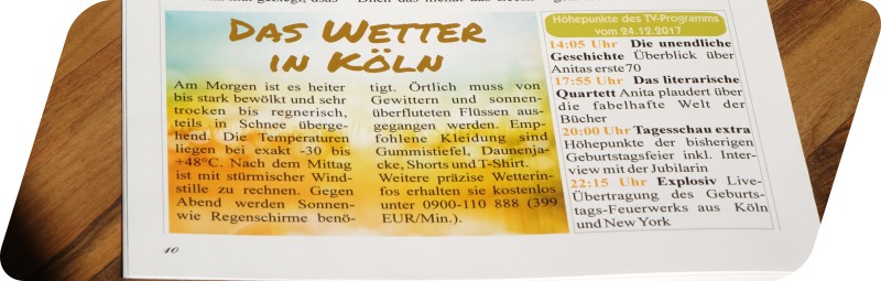 Beispiel einer Seite der Geburtstagszeitung mit Wetter und TV-Programm