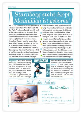 Geburtskarte als Zeitung in TürkisGrün kräftig: Seite 2