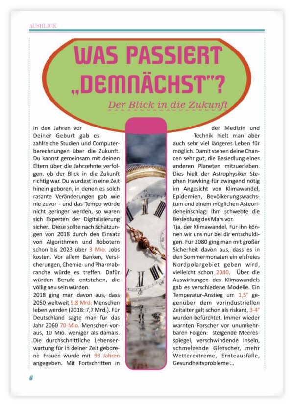 Geburtskarte als Zeitung in RosaTürkis: Seite 6
