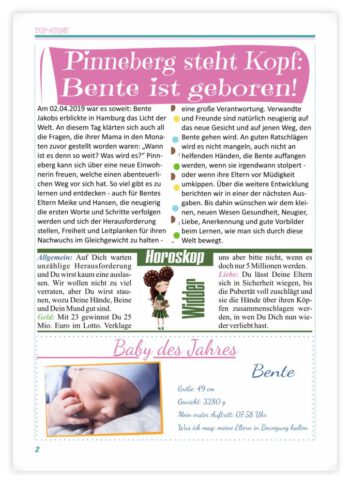 Geburtskarte als Zeitung in RosaTürkis: Seite 2