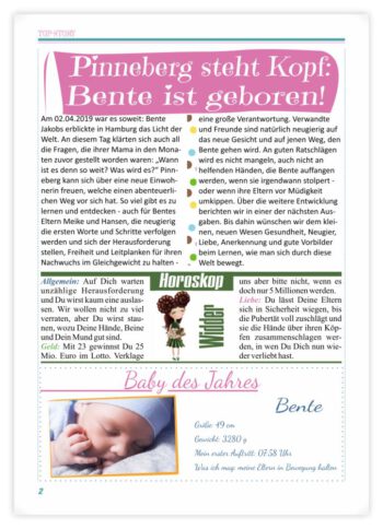 Geburtskarte als Zeitung in RosaTürkis: Seite 2