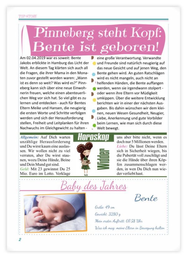 Geburtskarte als Zeitung in RosaTürkis: Seite 2