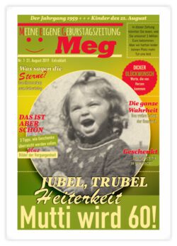 Geburtstagszeitung-Cover "Runde Sache" mit Jubel-Story und MEG-Logo