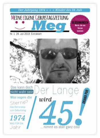 Geburtstagszeitung-Cover "Ausrufezeichen" mit Drama-Story und MEG-Logo
