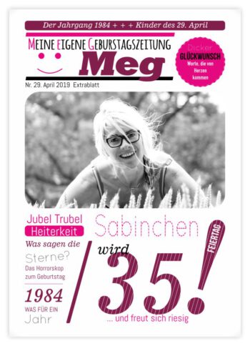 Geburtstagszeitung-Cover "Ausrufezeichen" mit Jubel-Story und MEG-Logo