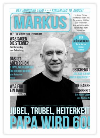 Geburtstagszeitung-Cover "Gerade Linie" mit Jubel-Story und Jubilar-Name als Logo