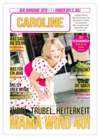 Geburtstagszeitung-Cover "Gerade Linie" mit Jubel-Story und Jubilar-Name als Logo