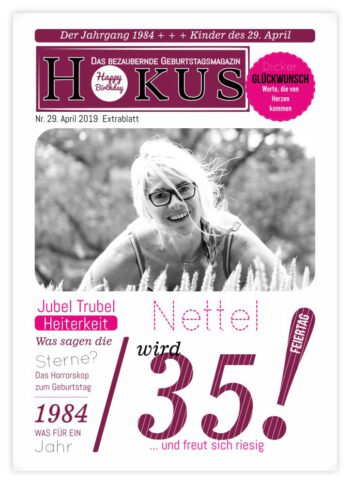 Geburtstagszeitung-Cover "Ausrufezeichen" mit Jubel-Story und Hokus-Logo