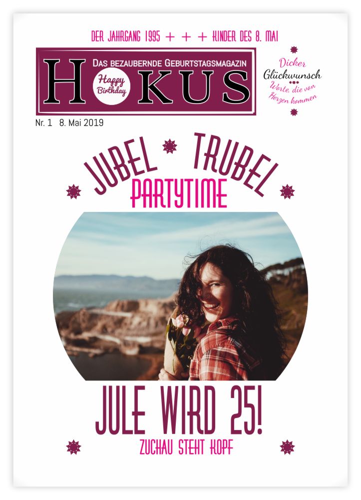 Geburtstagszeitung-Cover "Mit Sternchen", Jubel-Story und Hokus-Logo