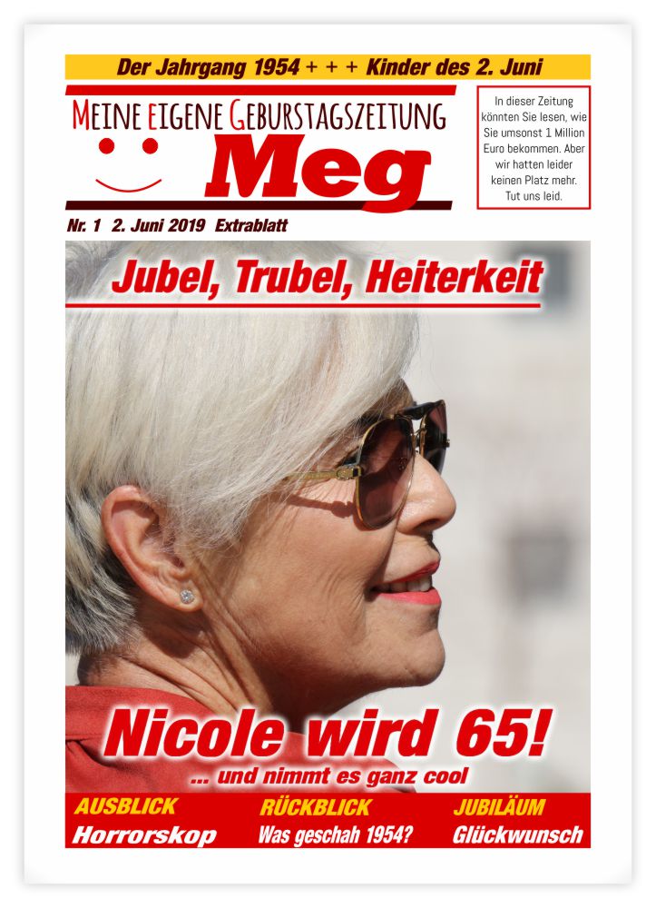 Geburtstagszeitung-Cover "Klassisch" mit Jubel-Story und Meg-Logo