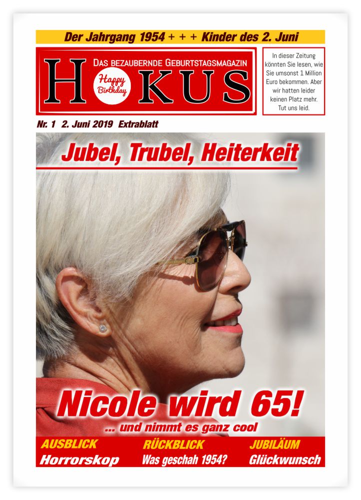 Geburtstagszeitung-Cover "Klassisch" mit Jubel-Story und Hokus-Logo