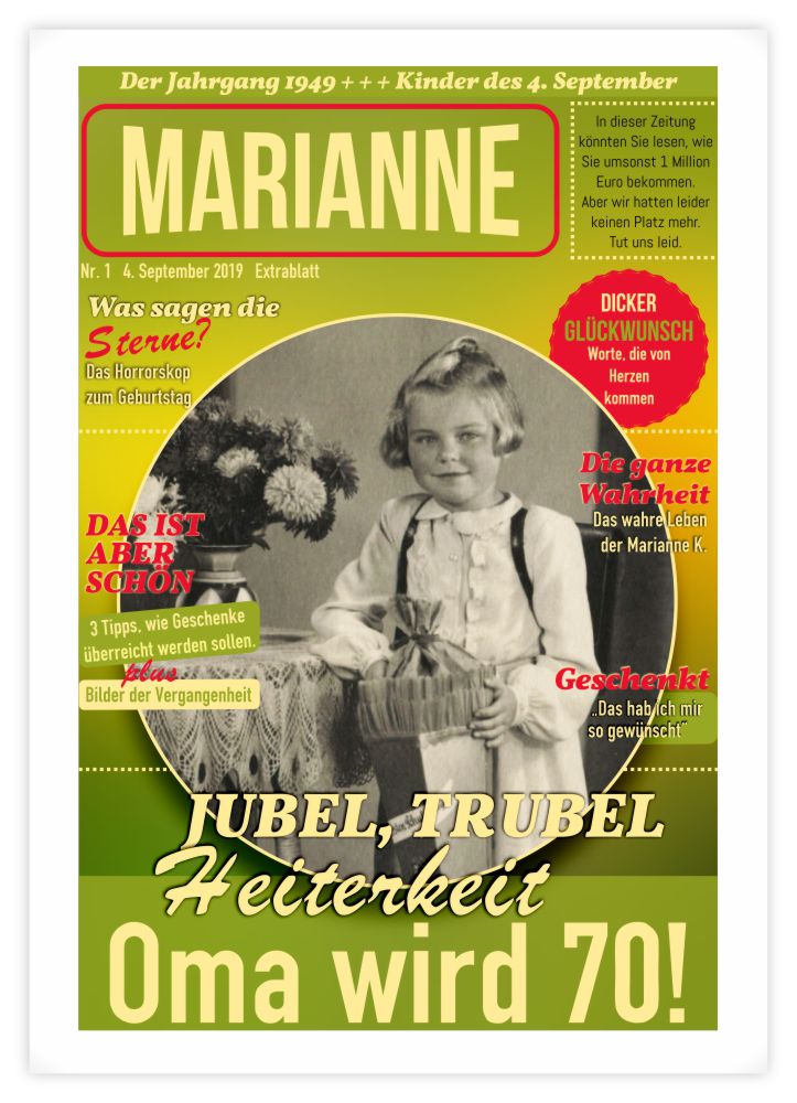 Geburtstagszeitung-Cover "Runde Sache" mit Jubel-Story und Name des Jubilars als Logo