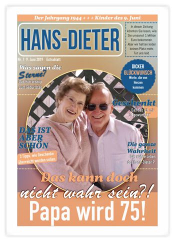 Geburtstagszeitung-Cover "Runde Sache" mit Drama-Story und Name des Jubilars als Logo