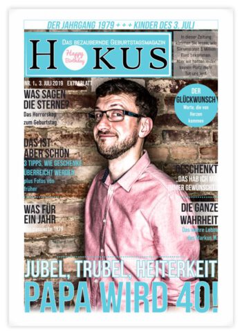 Geburtstagszeitung-Cover "Gerade Linie" mit Jubel-Story und Hokus-Logo